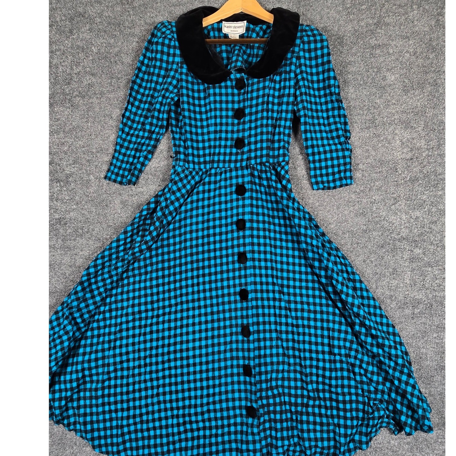 VIintage Karin Stevens Petites 100% Rayon Gingham Velvet Collar Midi Dress Sz 2