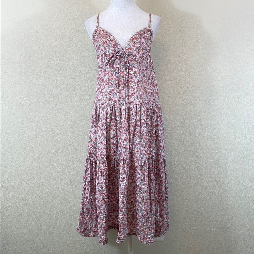 La Vie Rebecca Taylor Pink and White Ruched Tiered Midi Sundress Medium