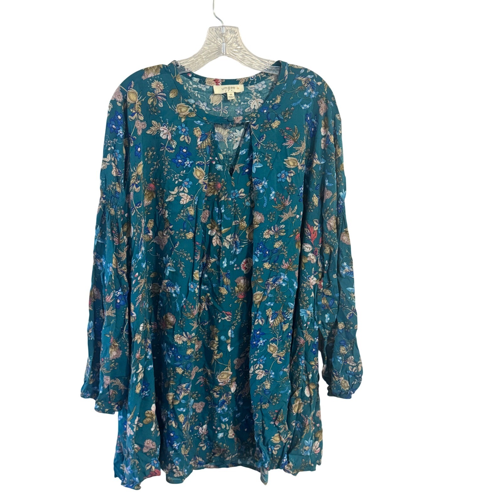 Umgee USA Floral Tunic Top Womens 1XL Teal Blue Boho Artsy Cottagecore Feminine