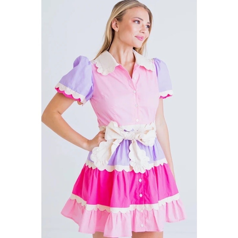 Karlie Scalloped Button Front Cutie Pie Mini Dress Pink Size Small