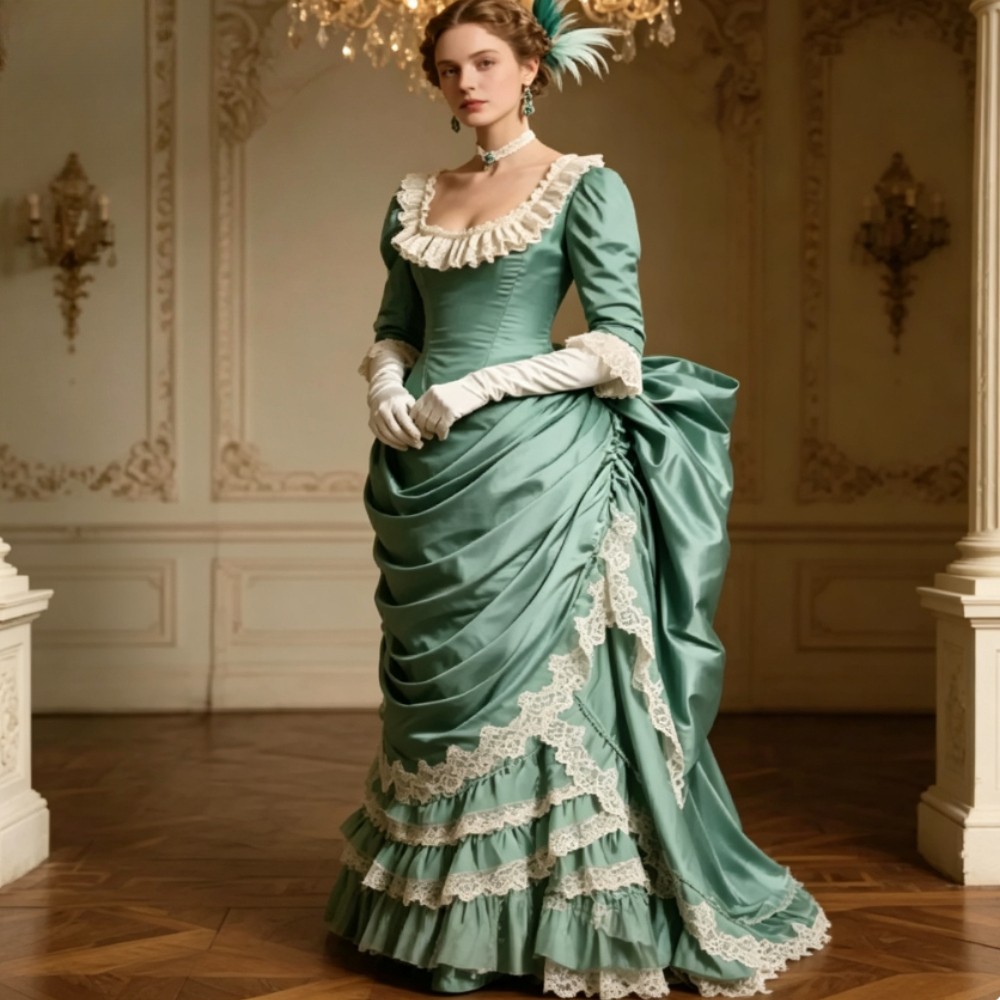 Mint Green Evening Dress19th Century Ruffles Victorian Prom Gown Lace Prom Gowns
