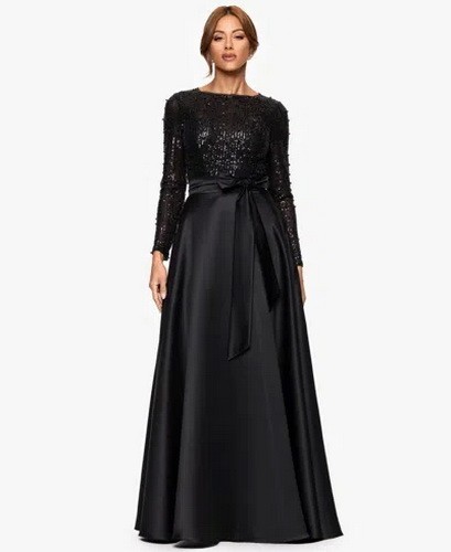Xscape Black Sequin Satin Skirt Long Sleeve Ballgown Size 14W $279