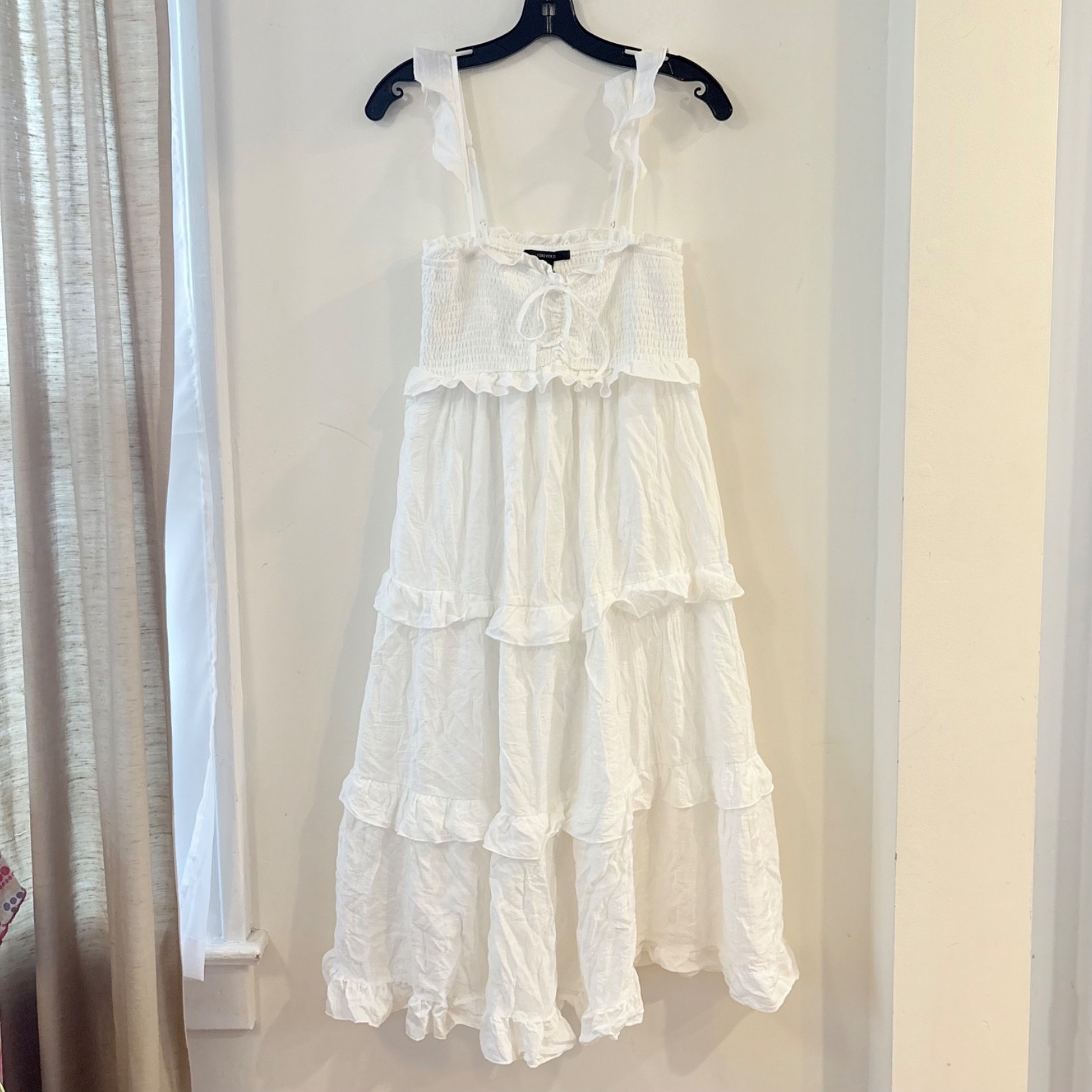 White Smocked Bodice Tiered Midi Dress — Ruffled Straps, Tie Front Forever 21 M