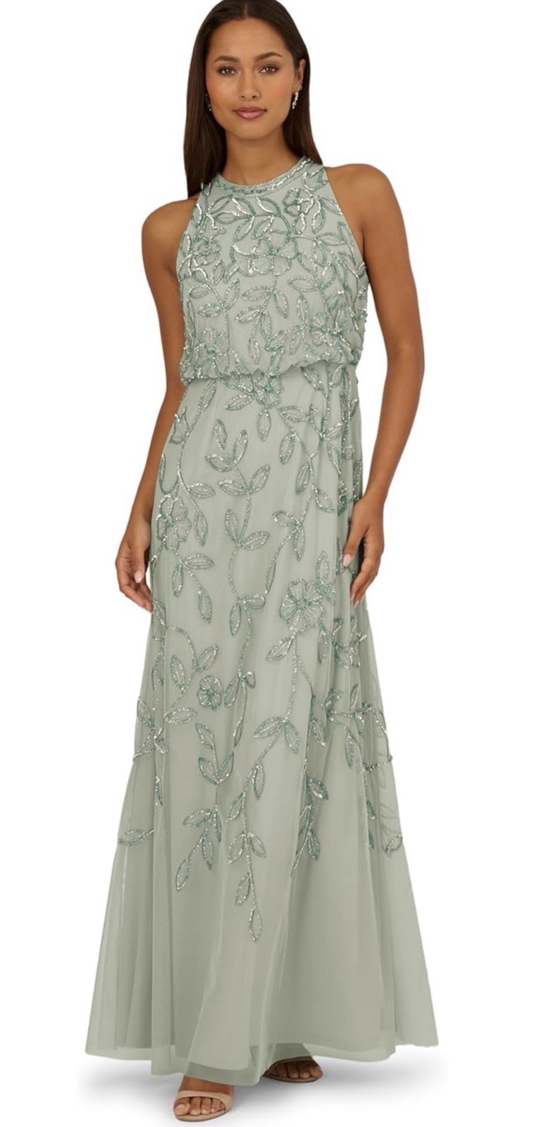 Adrianna Papell Blouson Beaded Long Mermaid Gown Size 14 Aquadust NWT $199