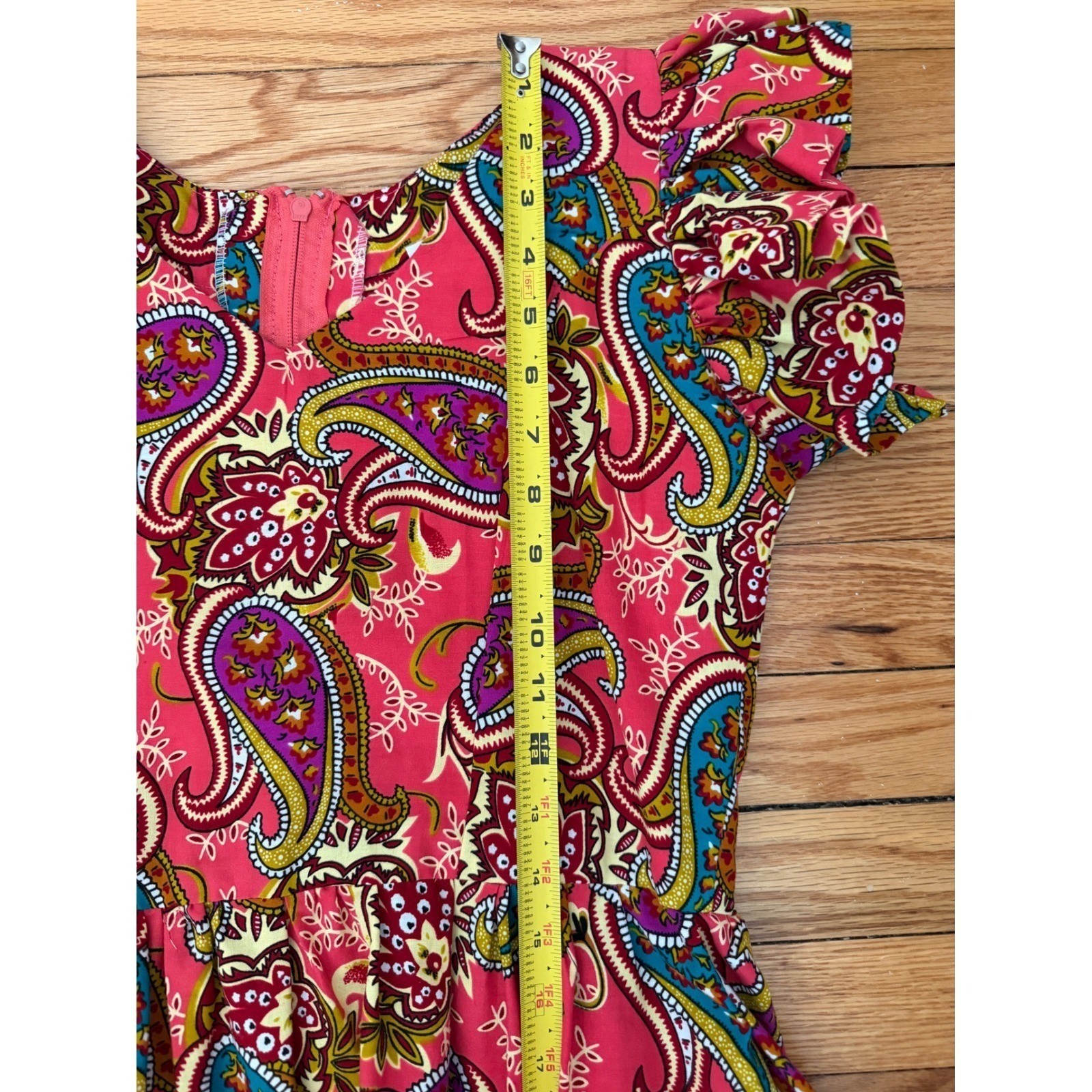 Pink Paisley Tiered Ruffle Sleeve Fit & Flare Cotton Dress Sz S: Boho, Party