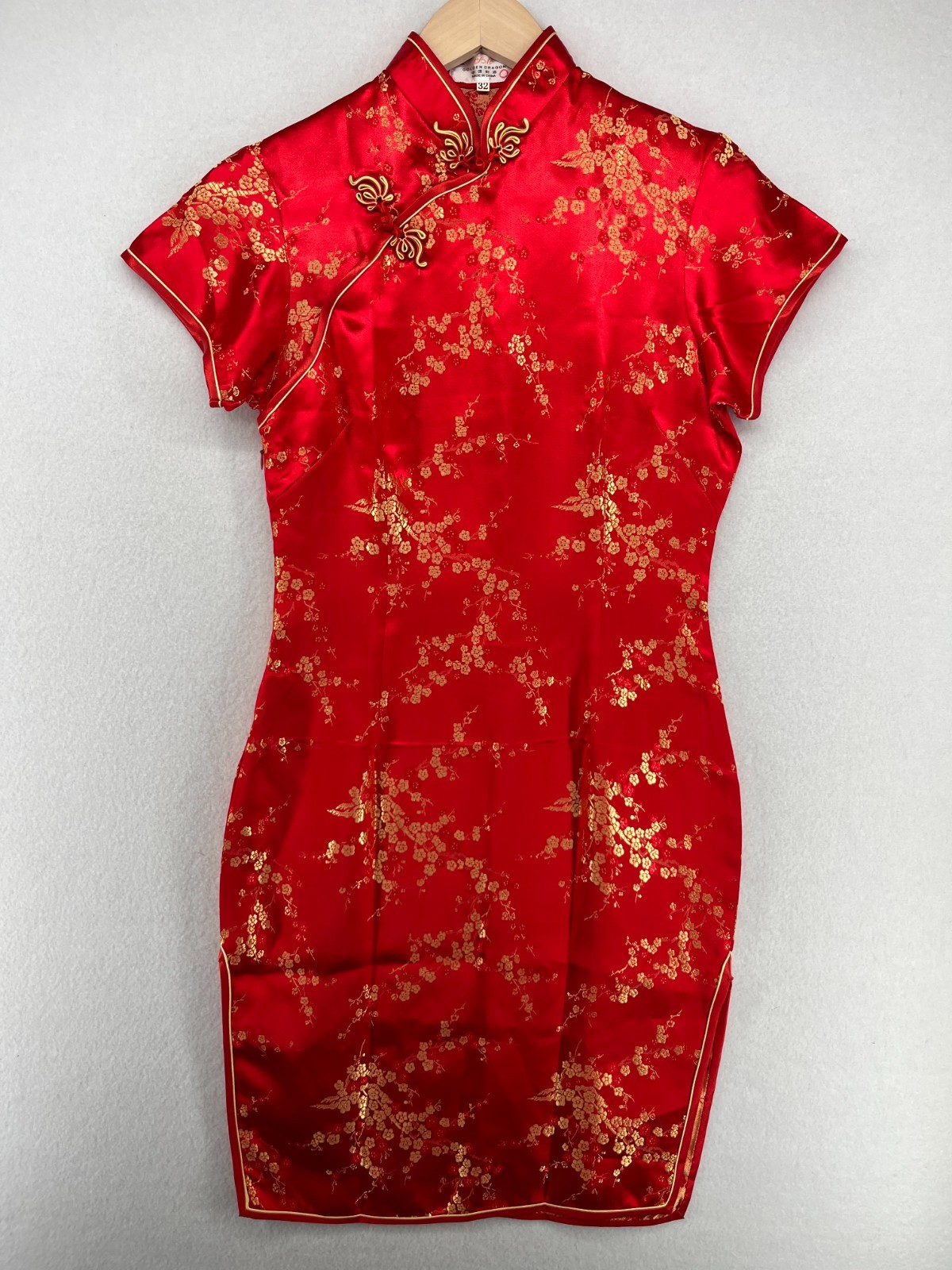 GOLDEN DRAGON Dress 32 XS Chinese Asian Floral Satin Cheongsam Qipao Red VTG