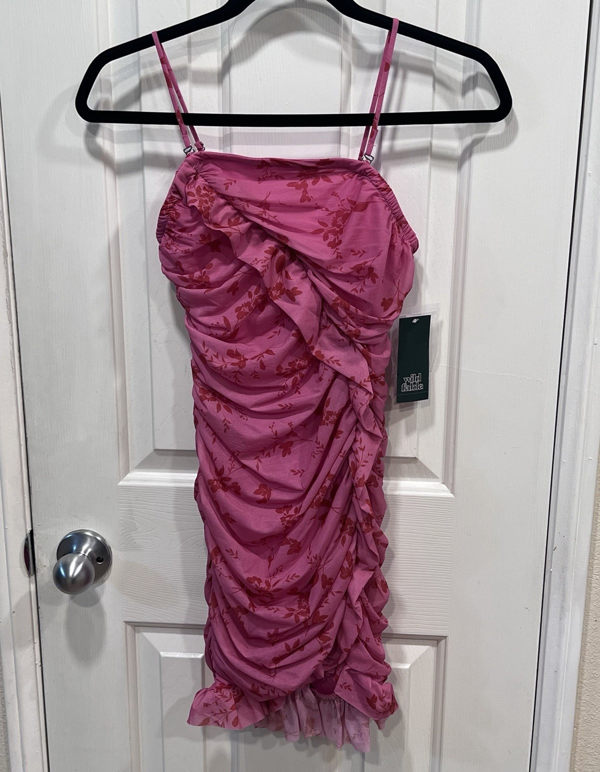 Wild Fable Women’s XS Pink Floral Ruched Mesh Sweetheart Spaghetti Strap Midi