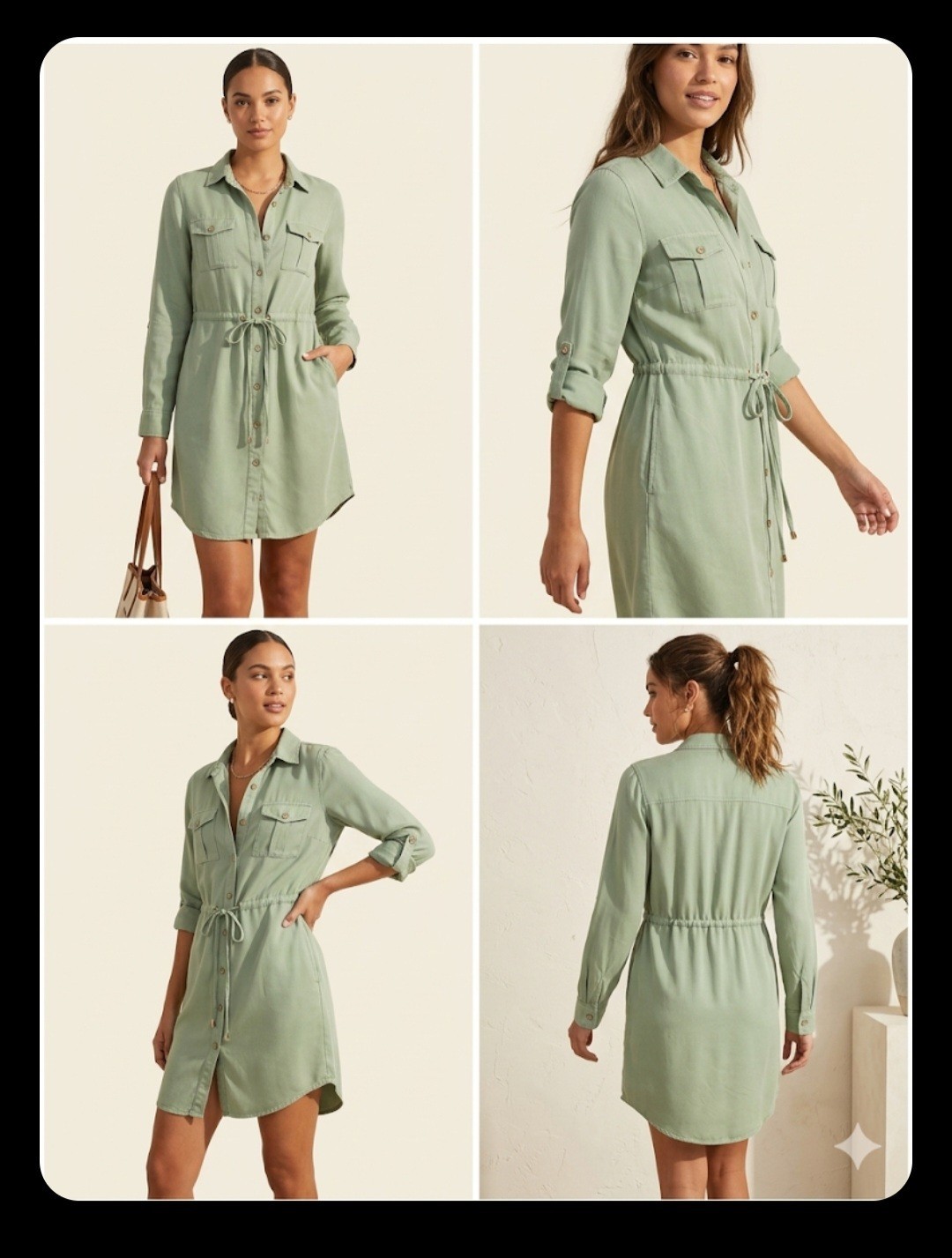 GUESS Green Solid Collared Button-Front Shirt Dress Pockets Long Sleeve, S