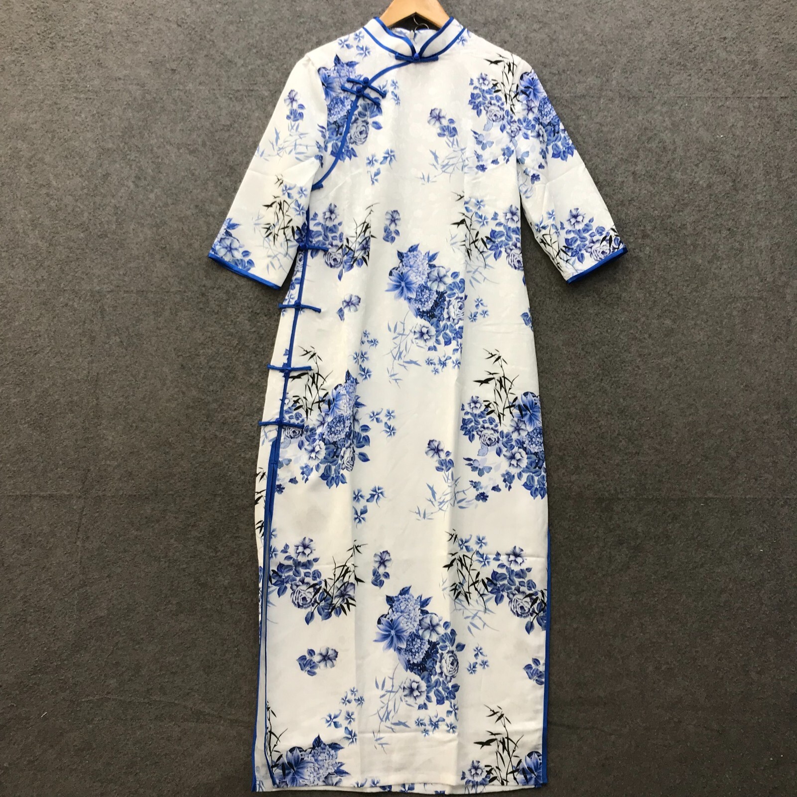 NEW Chinese Oriental Dress Womens 8-10 White Blue Floral Slit Half Sleeve 12121