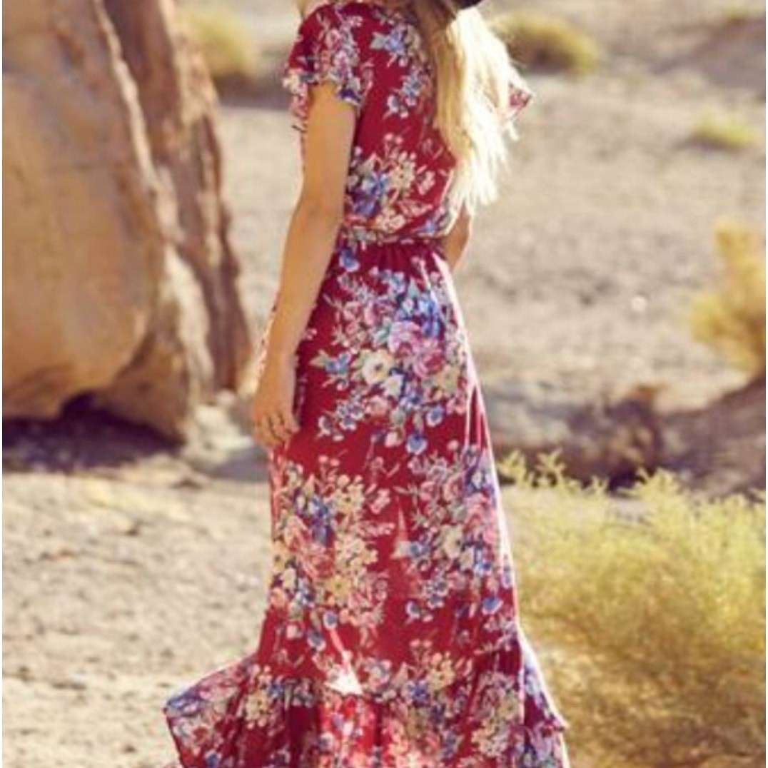 AUGUSTE THE LABEL Beach House Frill Floral Maxi Wrap Dress Red Berry {F40}
