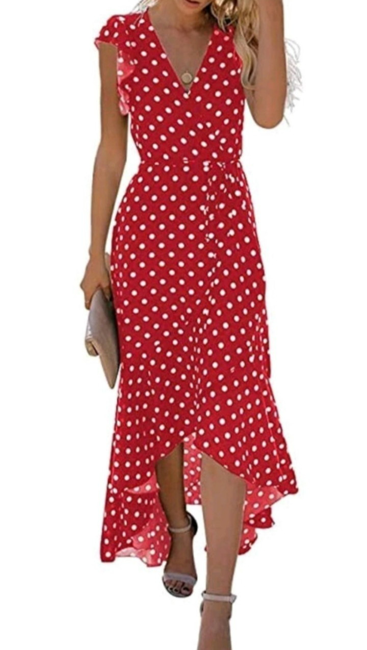 Red Polka Dot Faux Wrap Surplice Maxi Dress M Hi Low Ruffle Romantic Retro Femme