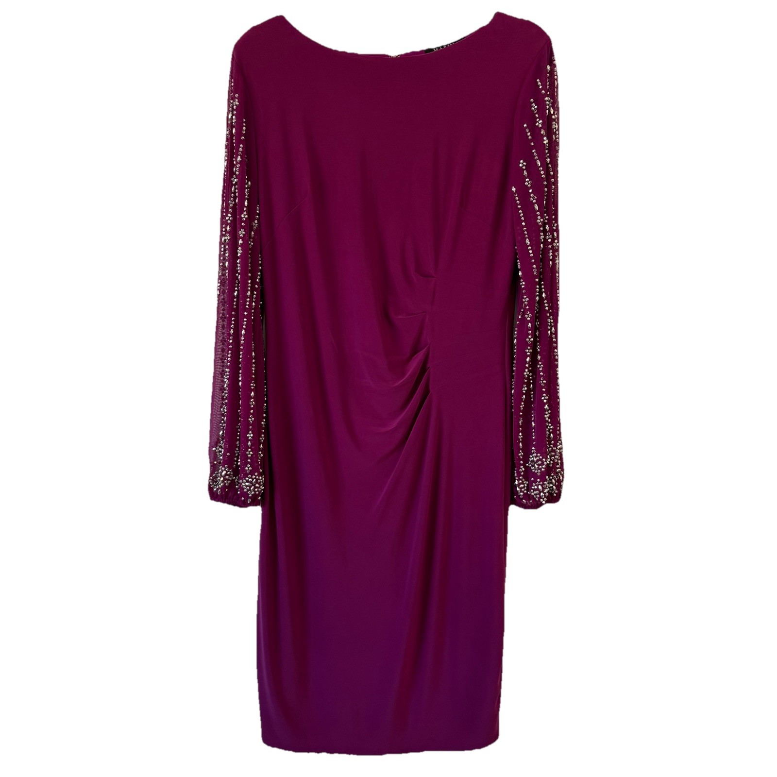 VTG Marina Rouched Knee Length Beaded Trim Dress Women’s 10 Sheer Sleeves READ