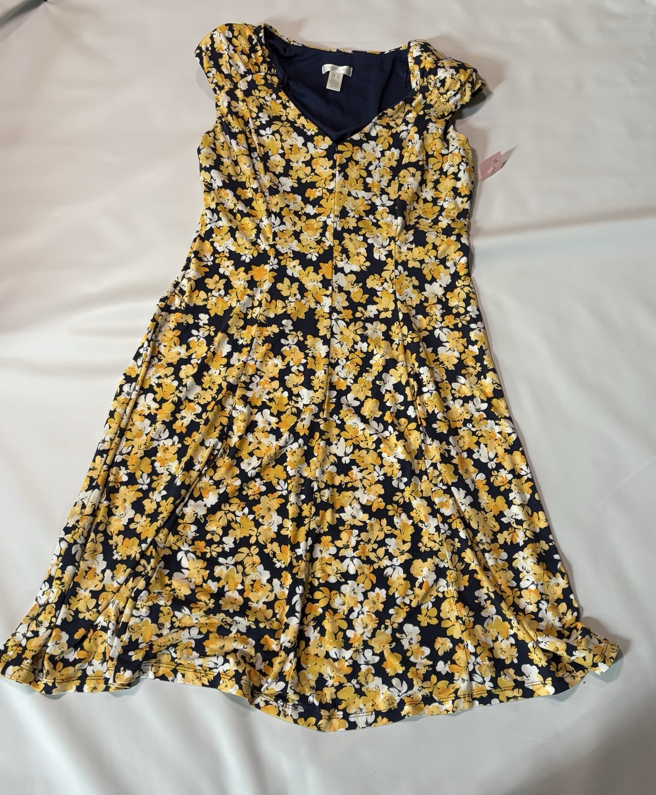 NORTH STYLE Summer Dress Yellow /Blue Flowers V Neck Cap Sleeves Size 10 (M)