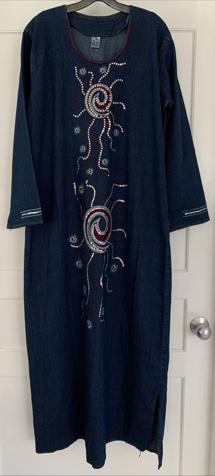 Aldaly L Long Sleeve Denim Sequin Embroidered Maxi Dress Handmade Made In Egypt