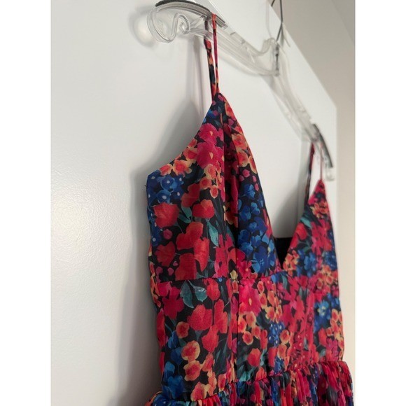 Lulus Sincerely Gorgeous Floral Pleated Midi Dress Red Blue V-Neck Straps NWT