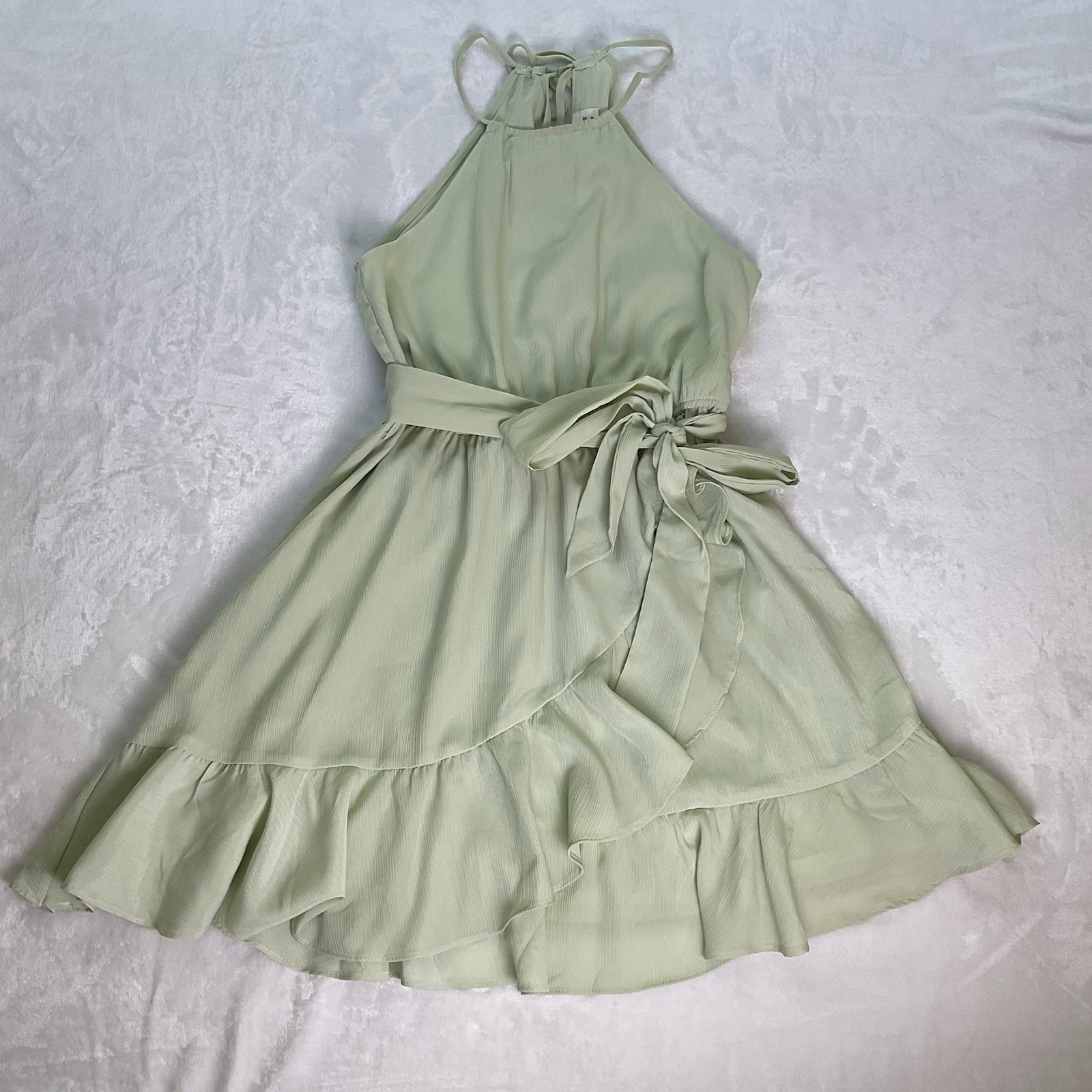 NWT May Berries Pistachio Green Sleeveless Ruffle W/Bow Tie Mini Dress SZ Medium