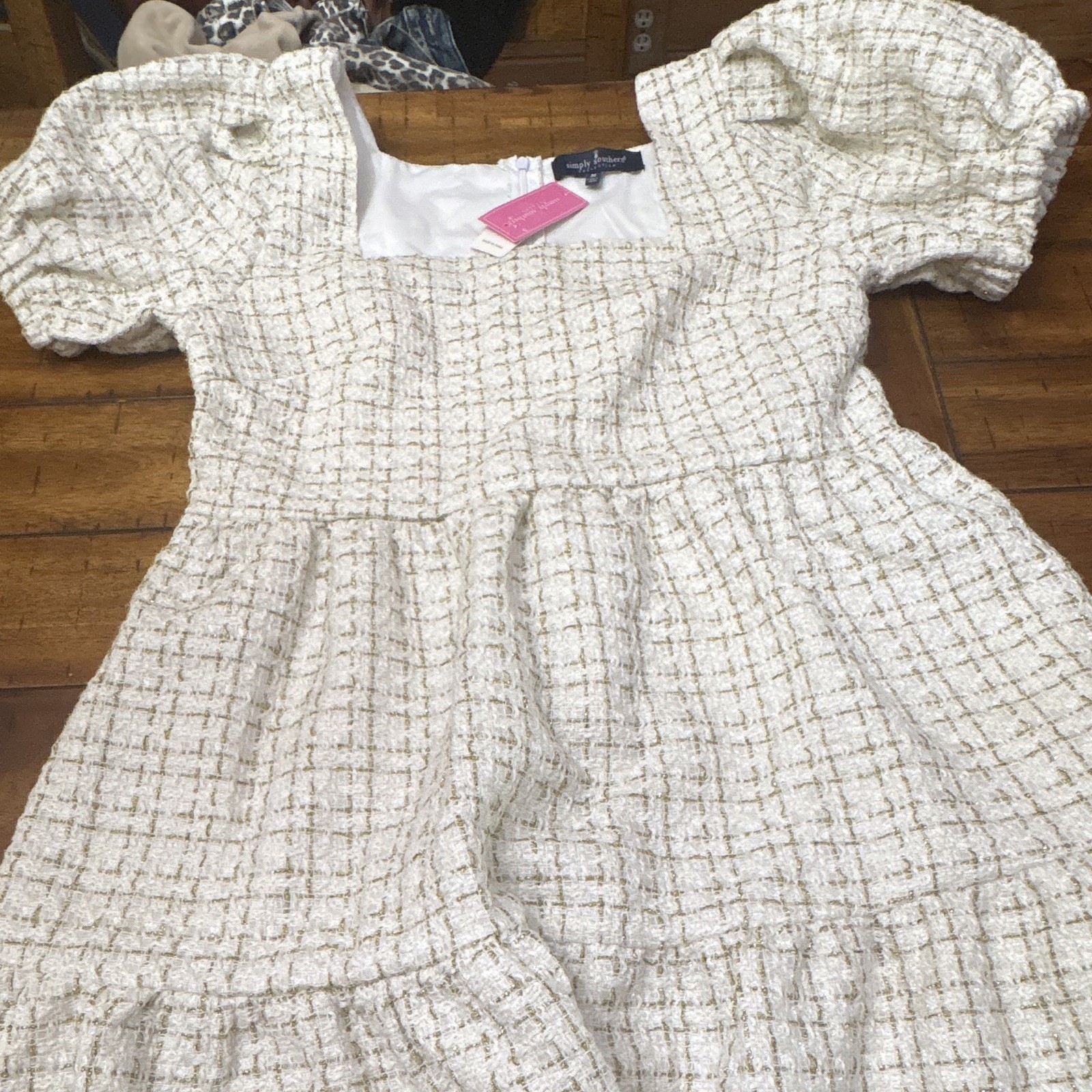 Simply Southern White/Gold Tweed Plaid Square Neck Puff Sleeve Mini Dress M