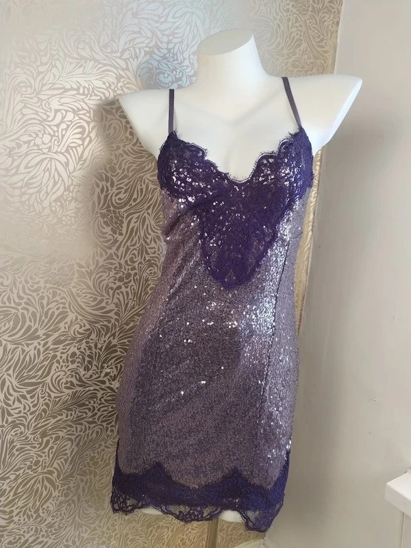 Wild Fable Y2K Dopamine Dressing Sequinned Mini Dress Lace Neckline Hem Size XS