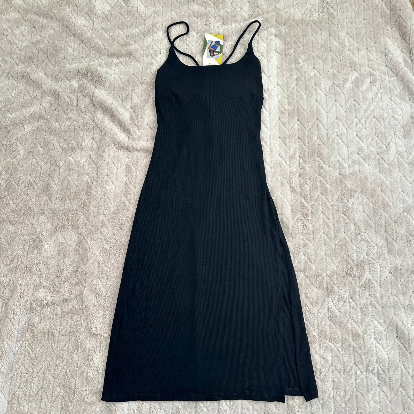 Halara Black Ribbed Lace Up Back Midi Dress Side Slit Medium NEW