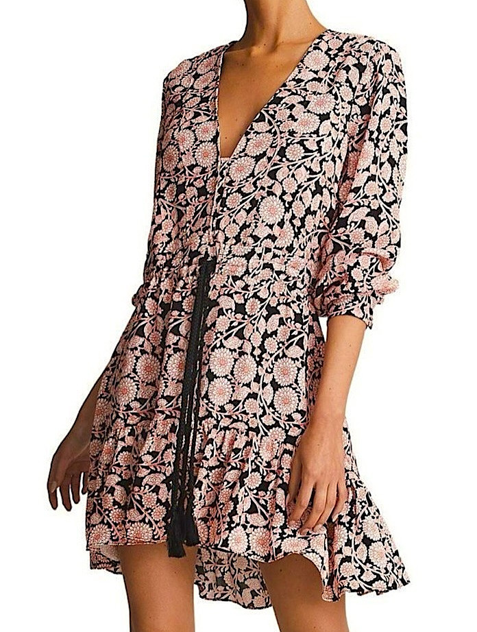 REISS January Floral Print Flip Mini Dress Belted Flared Long Sleeve Size 4 Pink