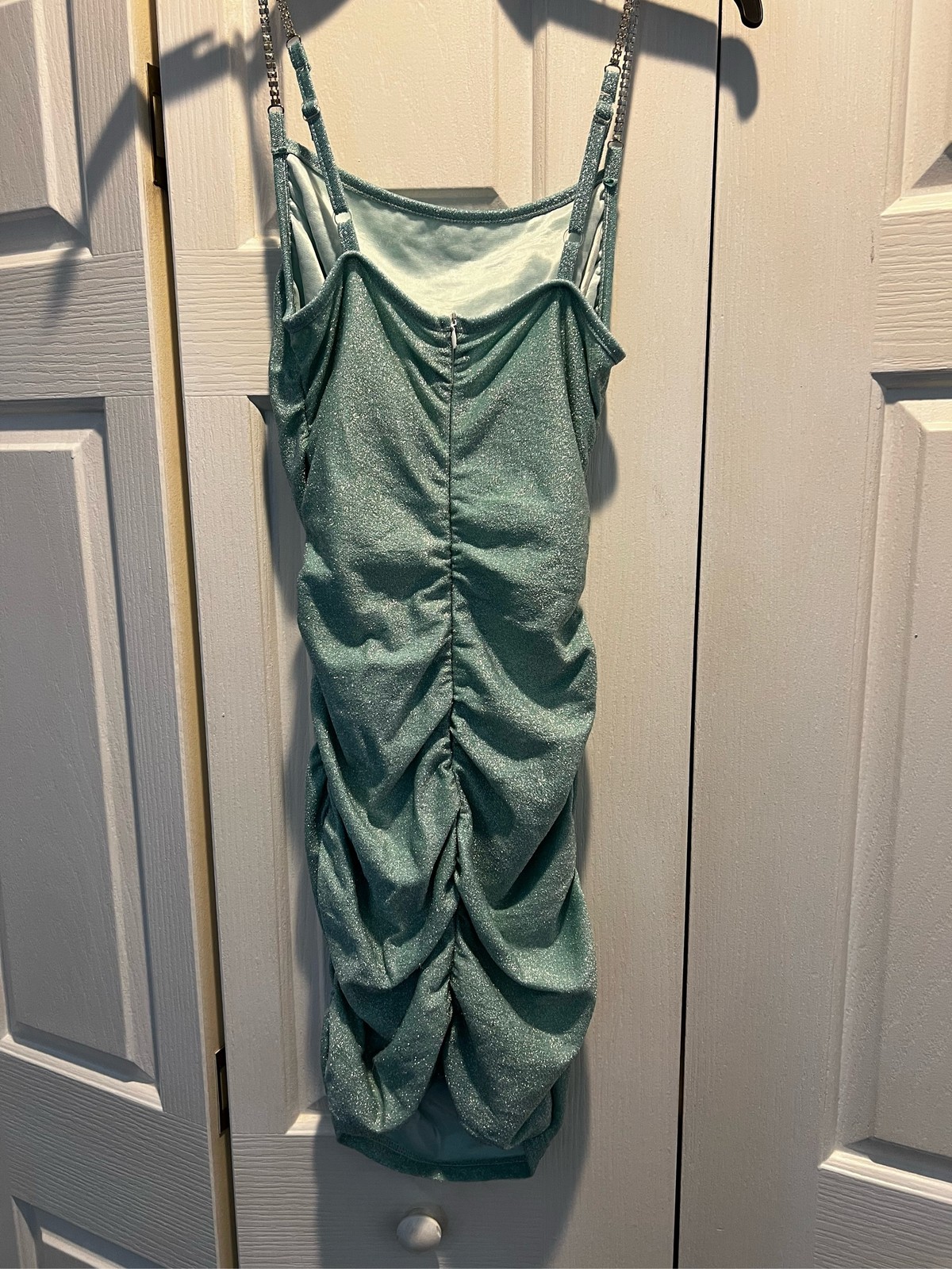 Teal Glitter Ruched Bodycon Mini Dress Rhinestone Chain Straps Sleeveless