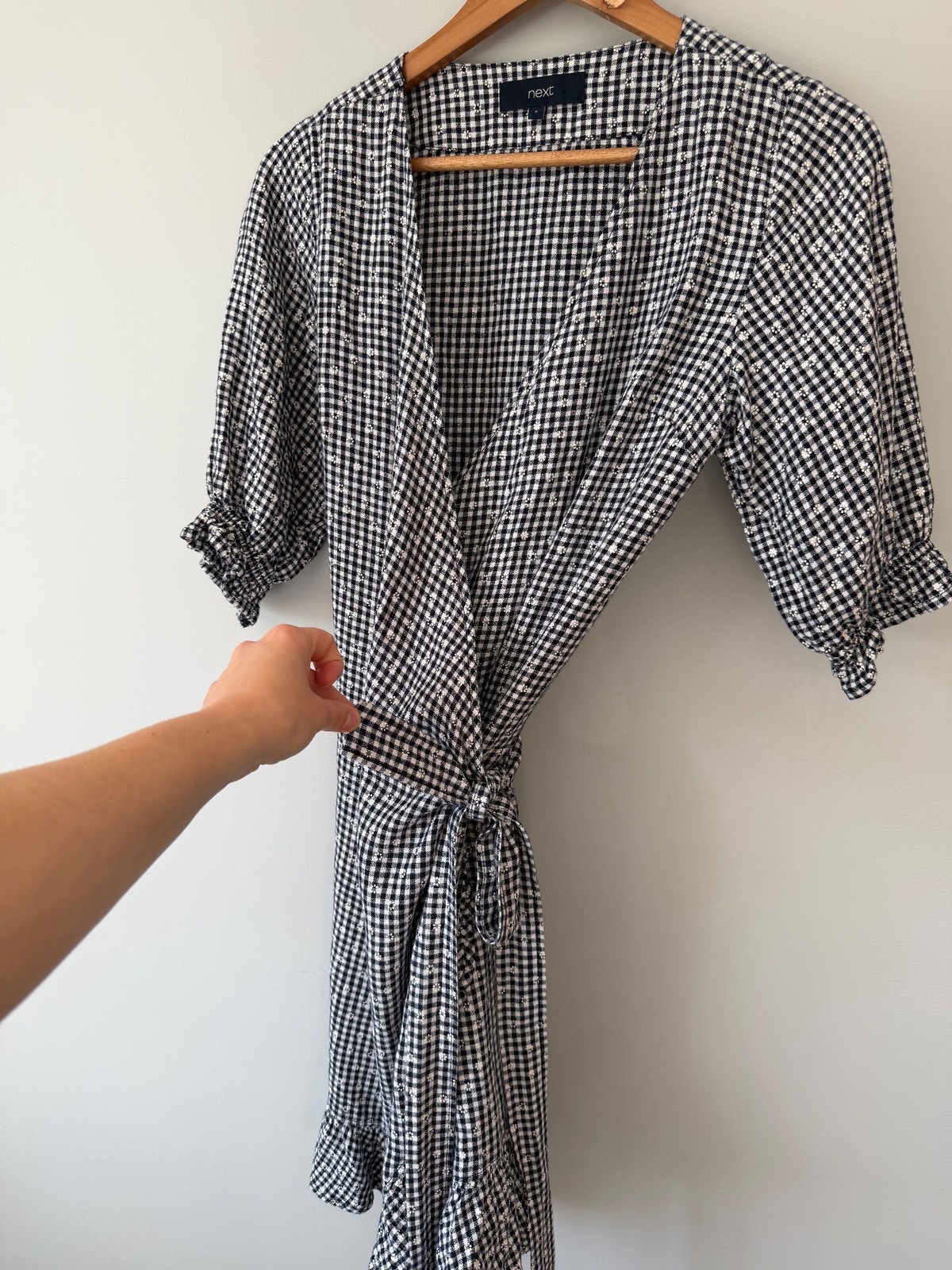 Next Gingham Floral Mini Wrap Dress UK 8 Linen-Viscose