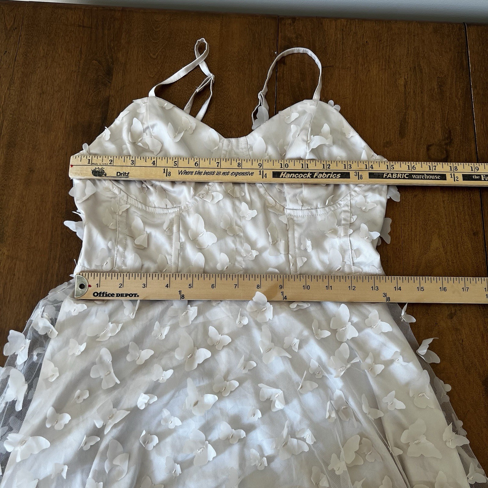 Butterfly Applique Lace Up Corset Midi Dress Cream Romantic Sz L Off White Tulle