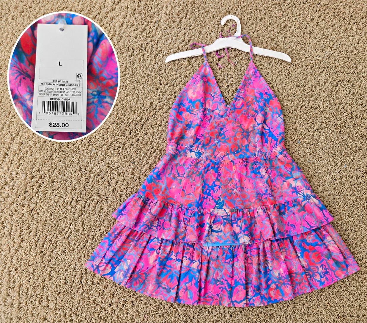 ASOS Pink/Blue Floral Chiffon Ruffle Tiered Strappy V-Neck Mini Dress L