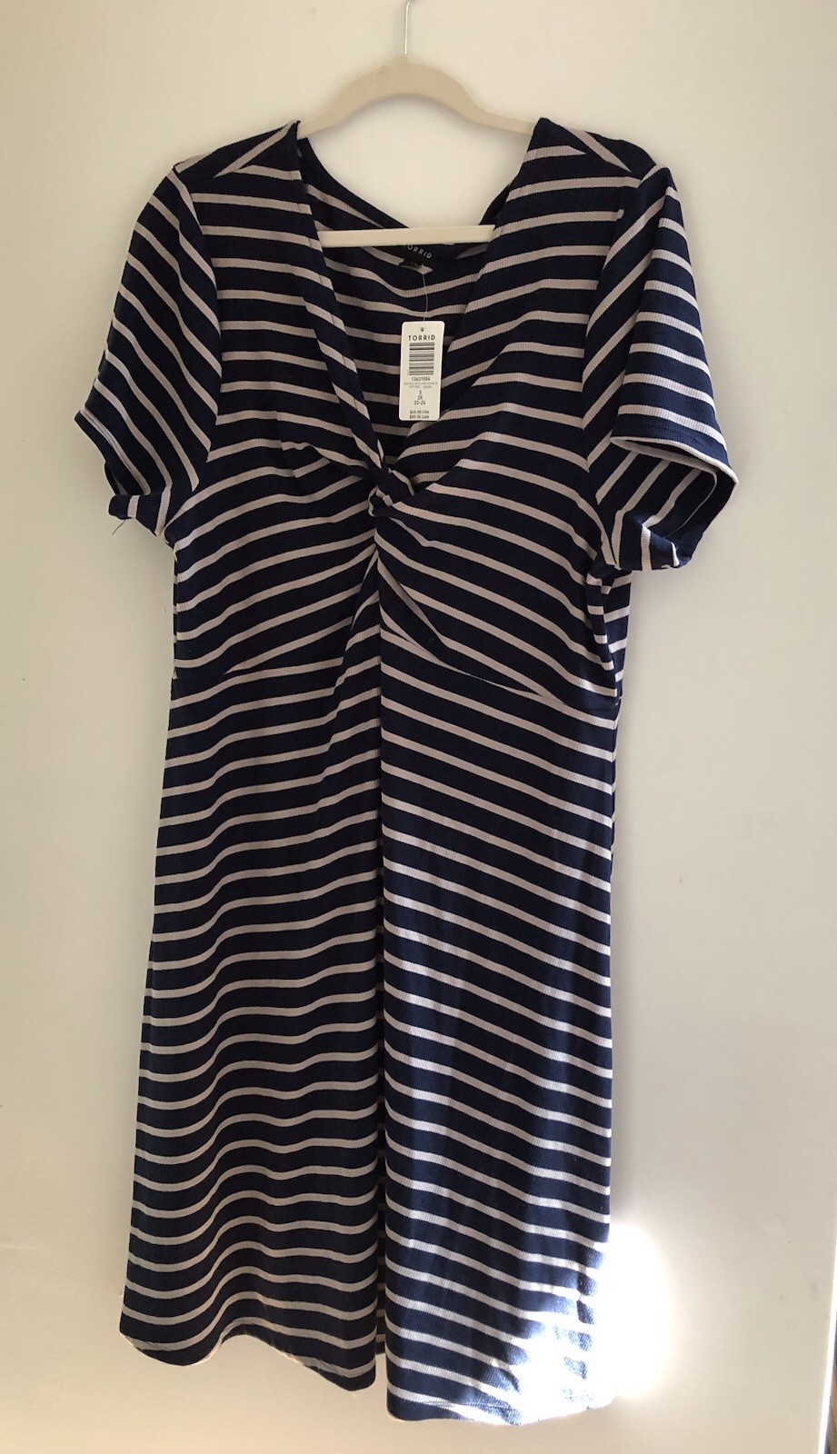 Torrid Mini Rib Knit Twist Front Skater Dress Sz 3 3X Plus Navy Taupe Striped