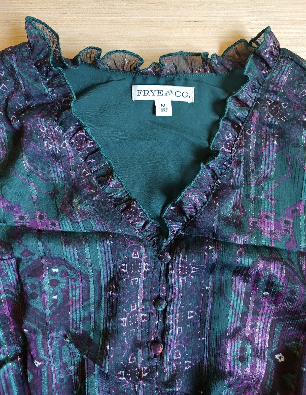 Frye Knee Length Dress Ruffle Buttons Lurex Green Purple Floral Size M Women’s