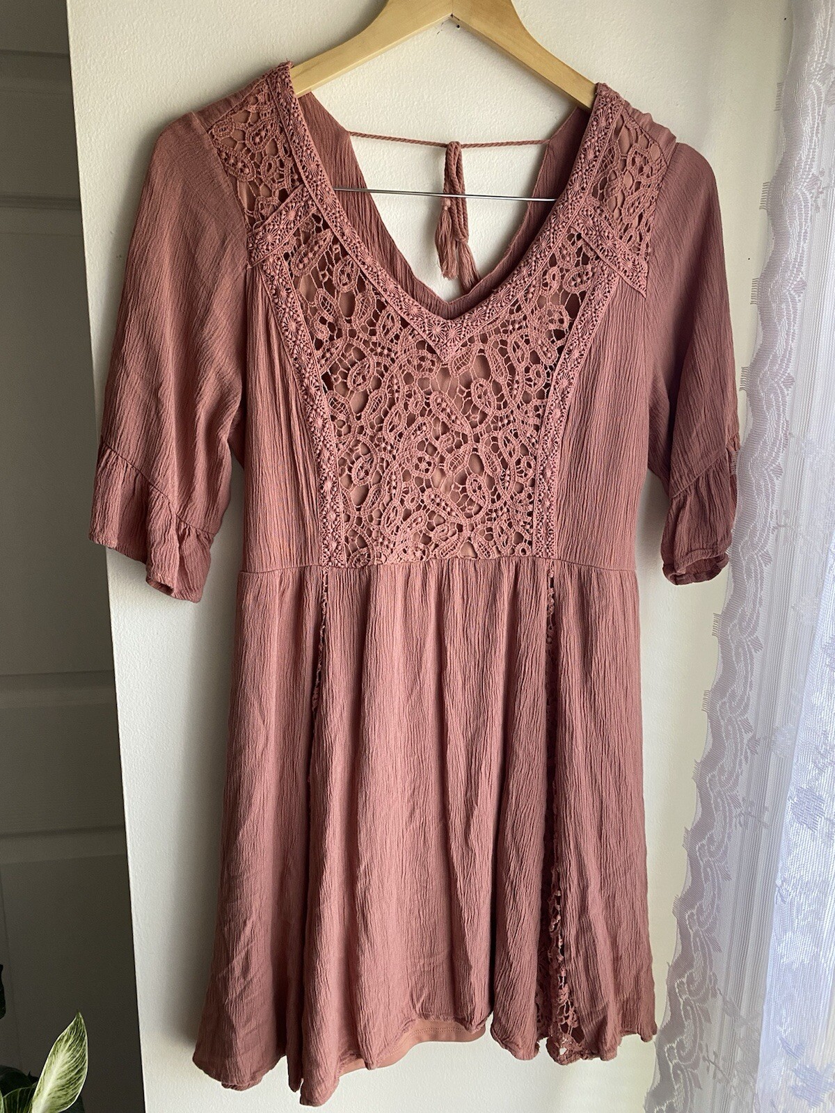 Maurice’s Dusty Rose Lace Mini 3/4 Ruffle Sleeve Dress Gauze Fit & Flare Boho
