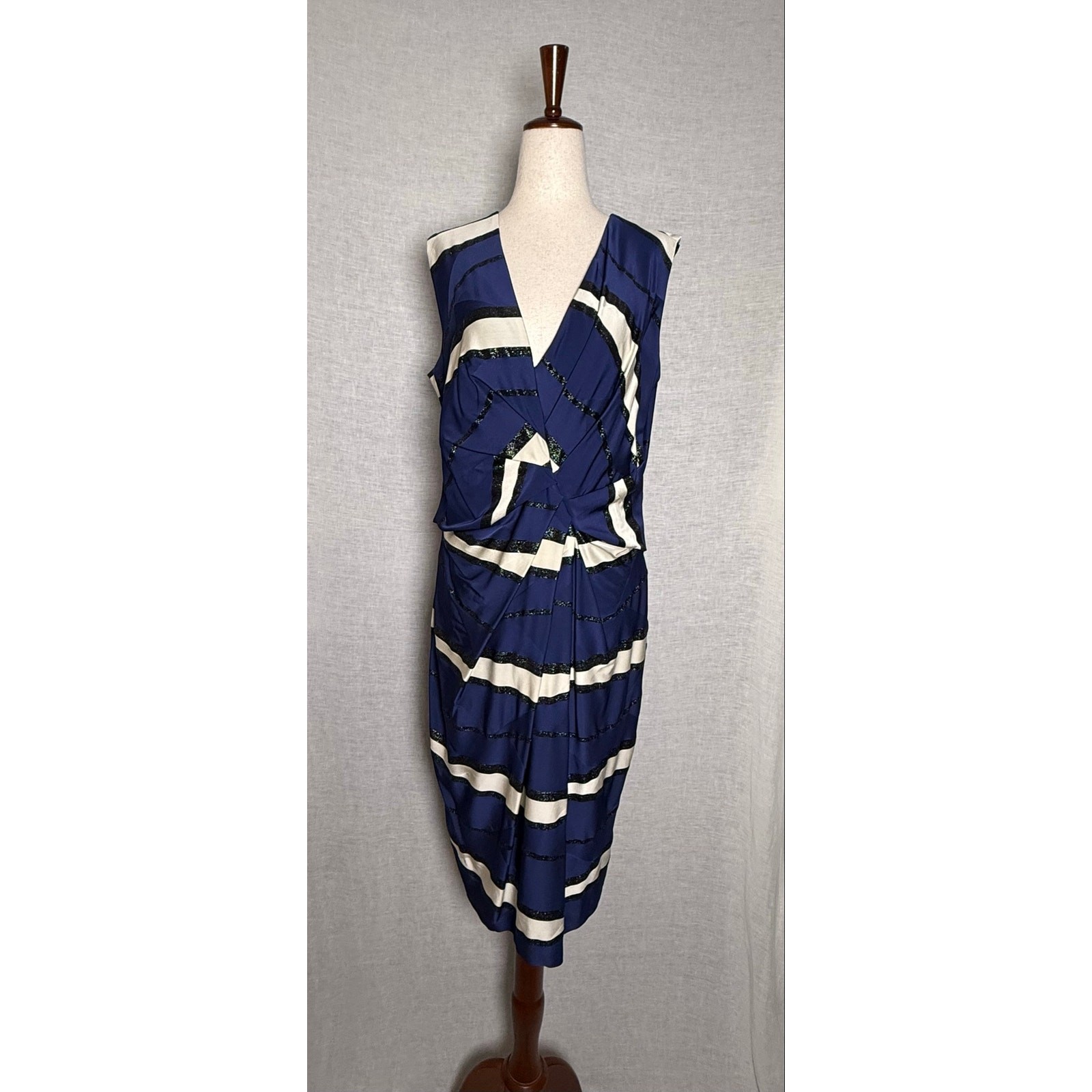 ESCADA Navy Blue White Metallic Striped Ruched Draped Faux Wrap DressSize 46