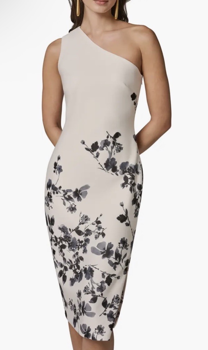 New Donna Karan New York One Shoulder Floral Print Dress Cream/Black Multi Sz 8