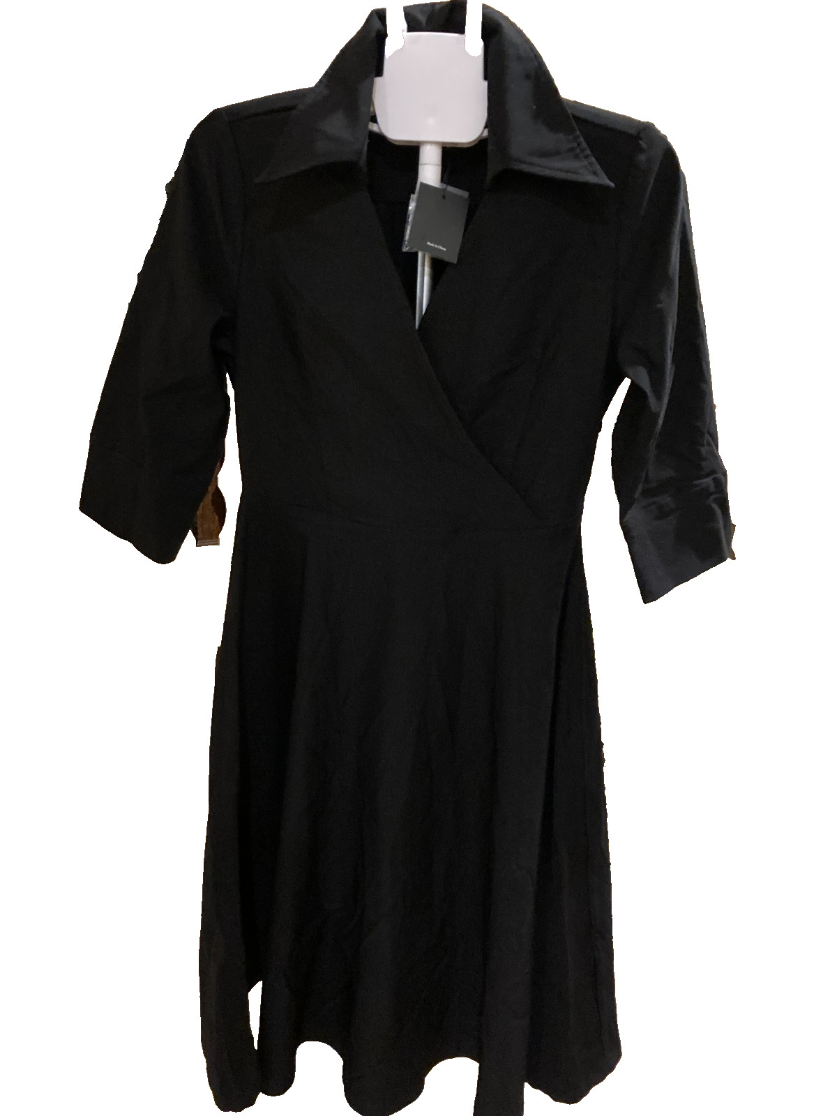 Miusoly Black Dress, Small, Super Stretchy, Collared, V-neck, 3/4 Sleeve, NWT