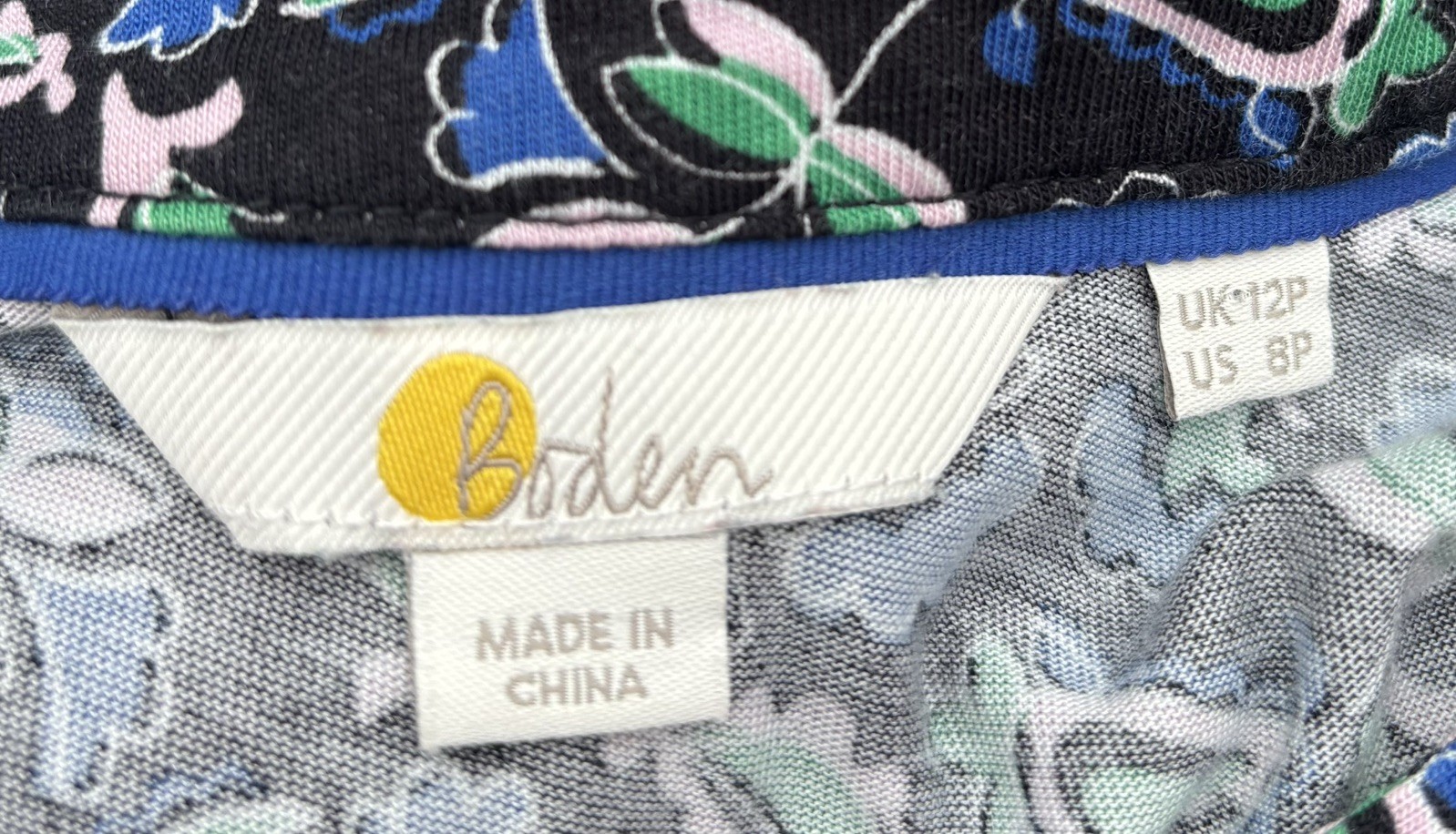 Boden Jersey Dress UK 12 P Blue Floral Tiered adjustable waist tie Long sleeve