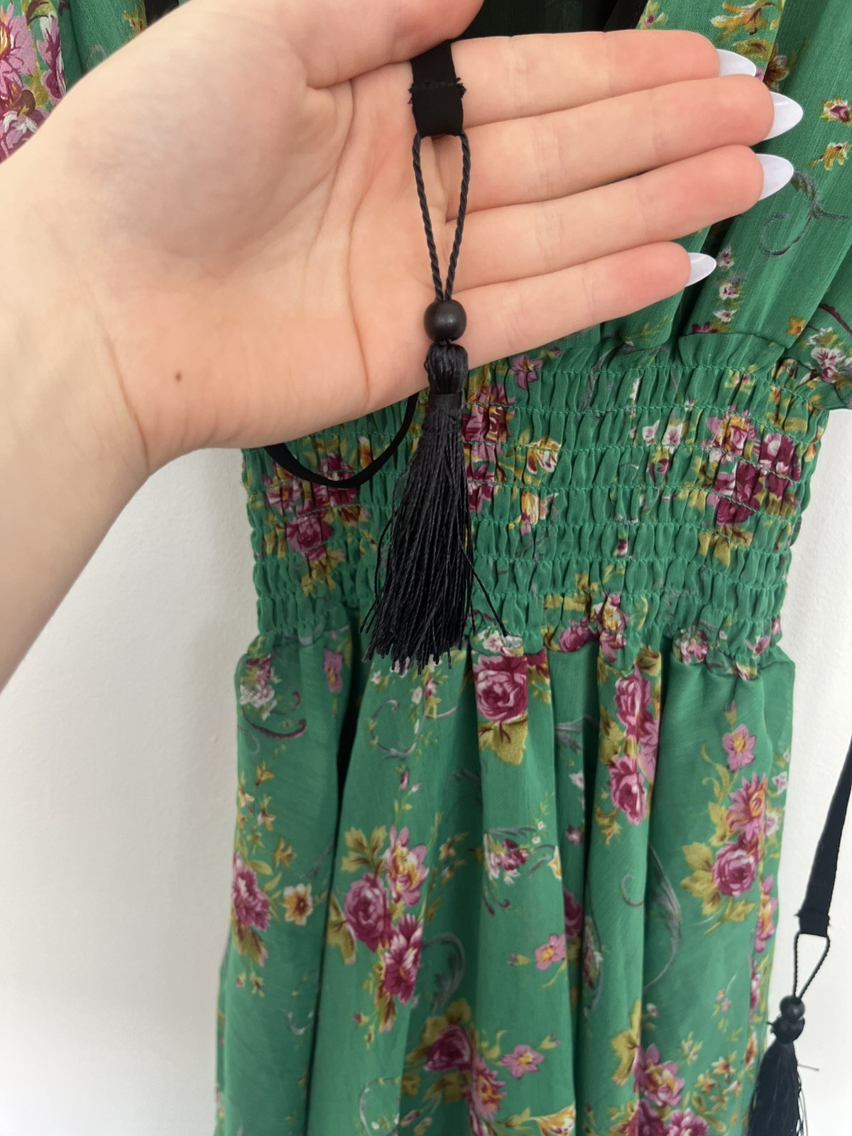Jarlo Green Floral Elasticated Mini Dress Summer Tassels Ruffles New S/M