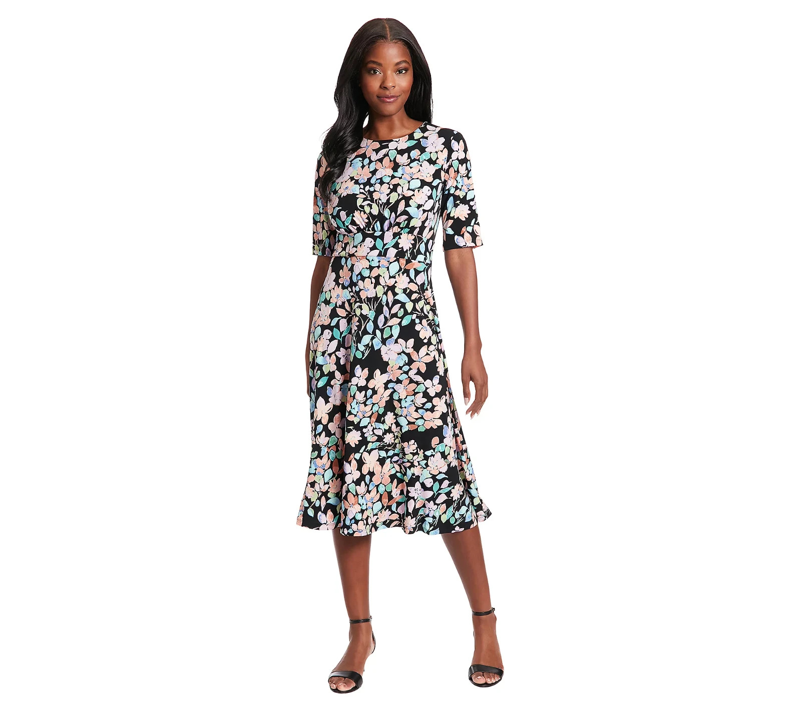 London Times Elbow Sleeve Midi Dress Black Multicolor 10