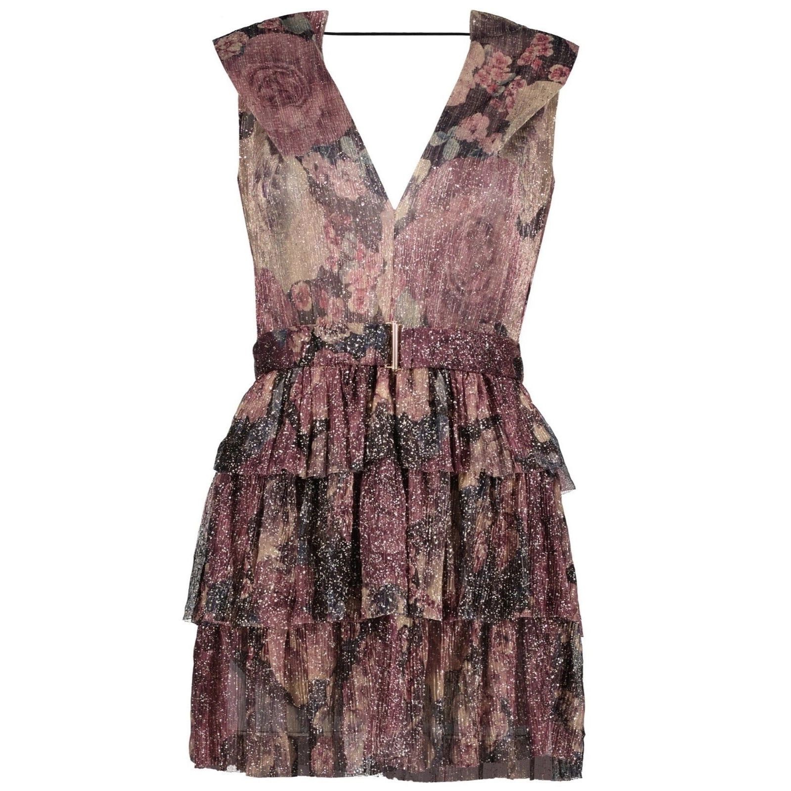Bishop And Young Womens Dress Medium Gold Purple Metallic Glam Slam Party Floral