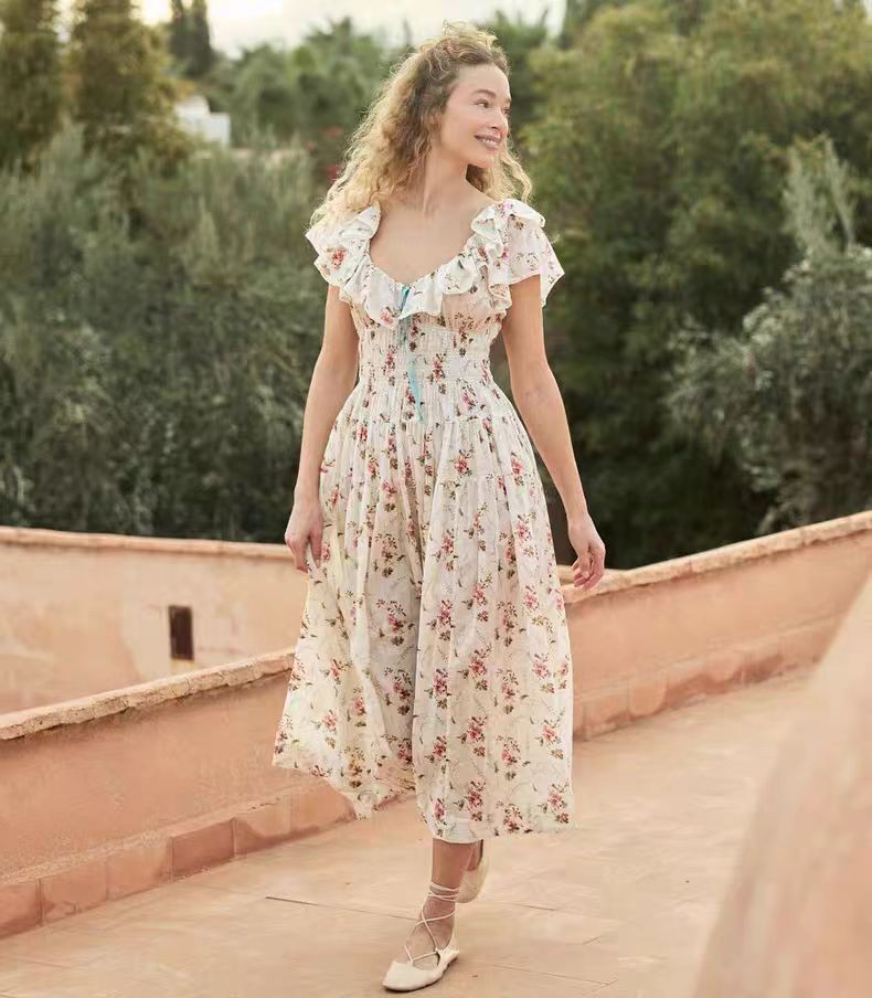 Women Doen Round Neck Floral short sleeves A-line Midi Dress