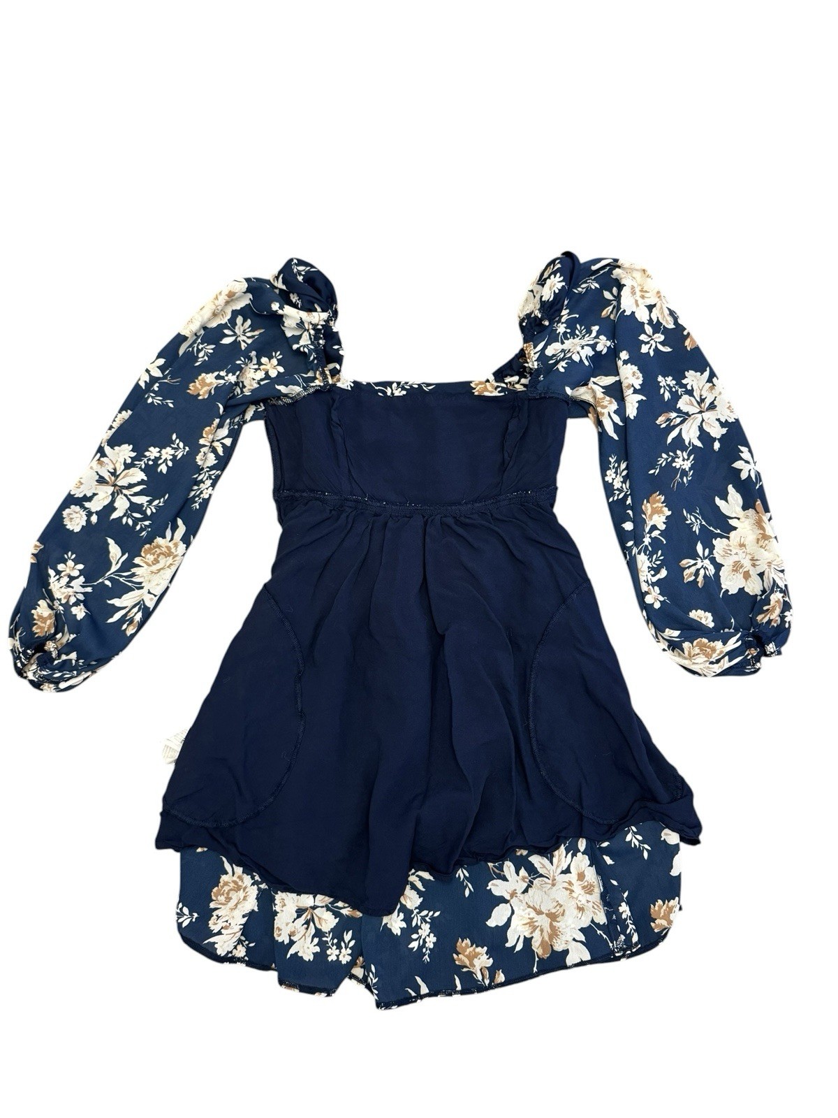 Abercrombie & Fitch XSP Navy Floral Mini Dress Puff Sleeve Smocked Back Square