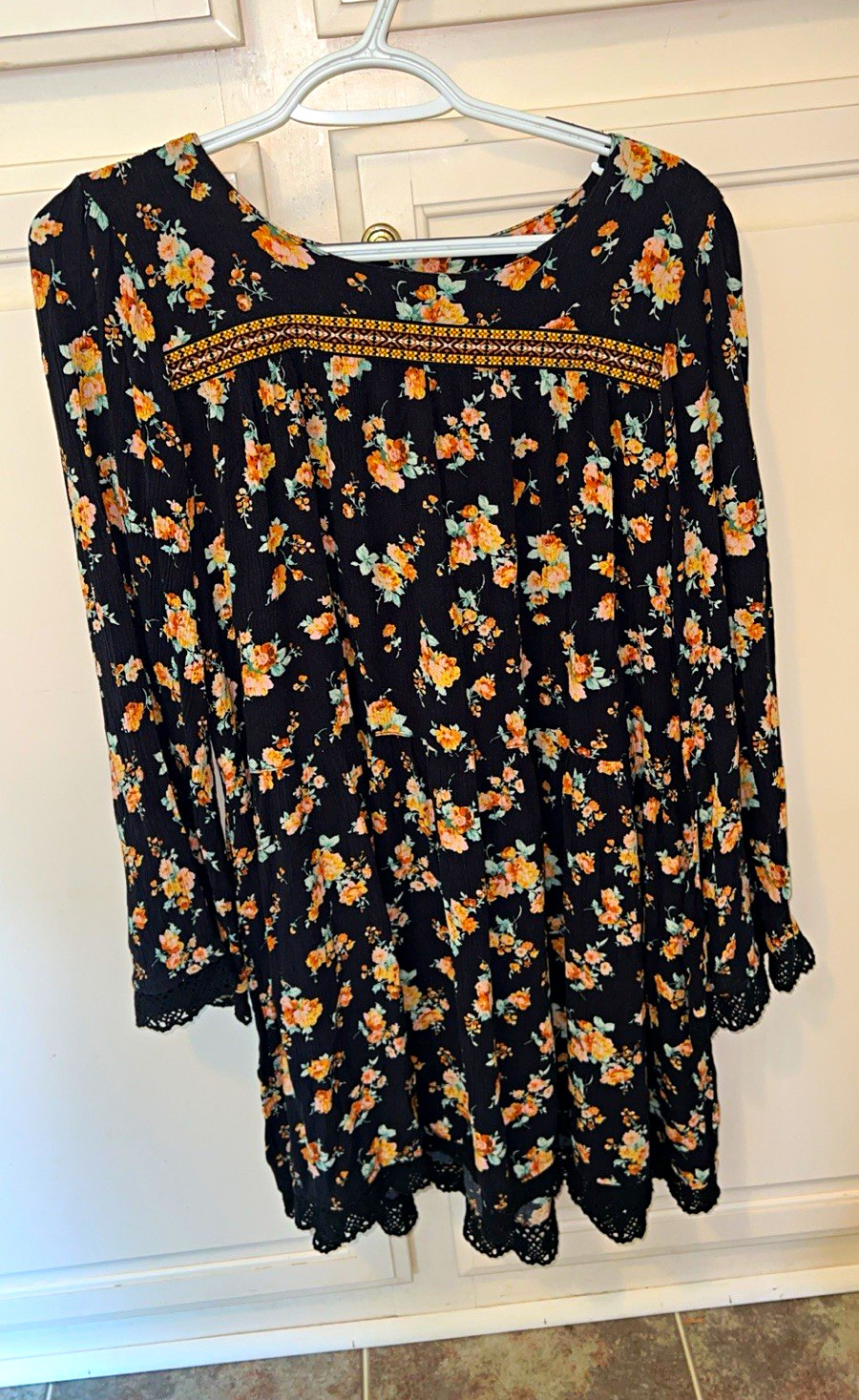 Uncle Frank Black Floral Boho Babydoll Dress Long Sleeve Lace Trim Small