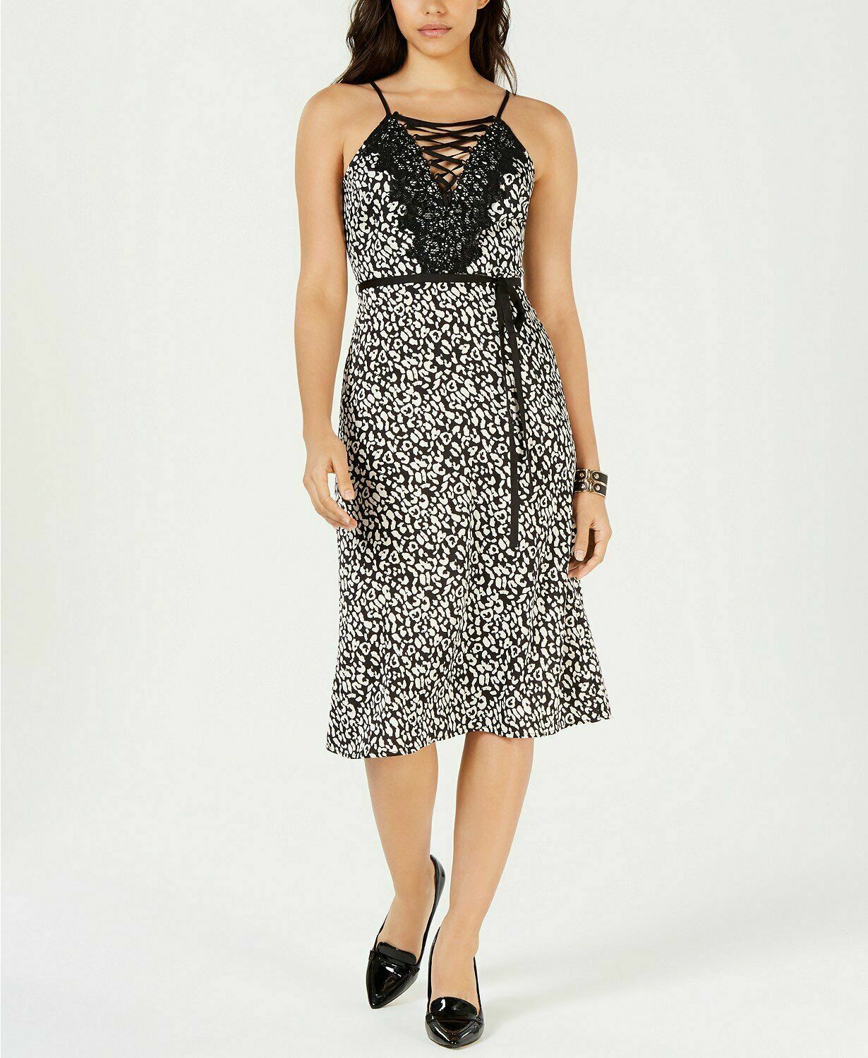 J.O.A. Just one Answer Womens Large Black White Corset Laced Neckline Dress NEW