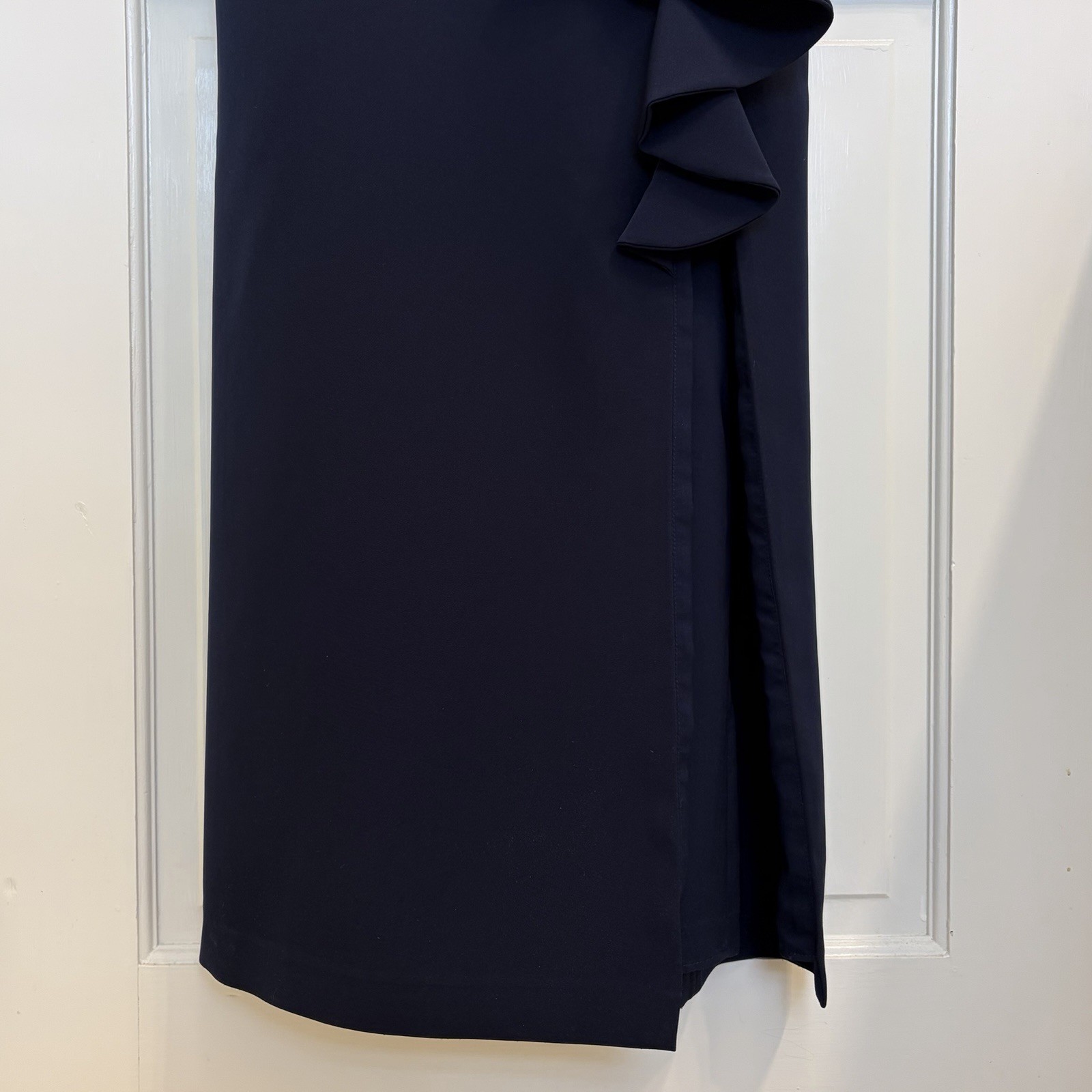 Eliza J Ruffle Front Gown Navy Blue Sleeveless Evening Dress Size 4 – Hemmed