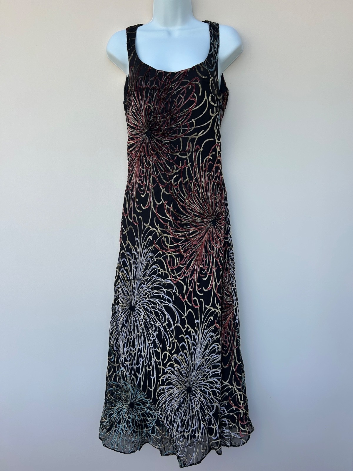 Vintage Planet Silk Mix Floral Maxi Dress UK8 | Y2K Black Gold Red Whimsigoth