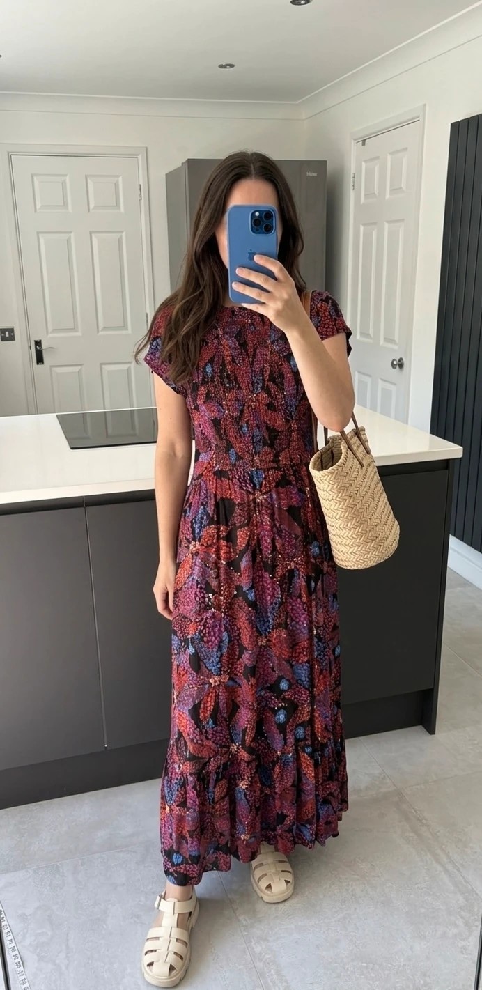 Monsoon Dress Size L Size 16 18 Pink Red Black Shirred Floral Hearts Ankle Maxi
