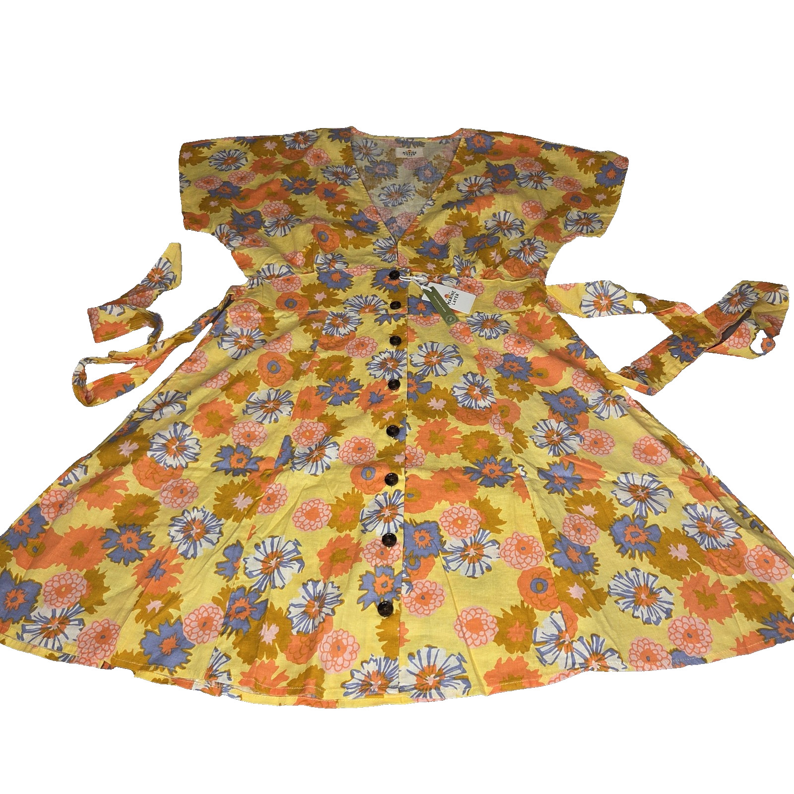Marine Layer Button Front Yellow Vintage L Floral Short Sleeve Camila Dress NWT