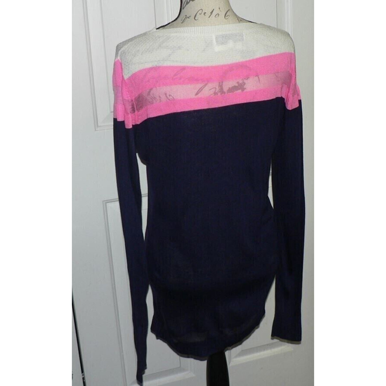 John + Jenn Lightweight Sheer Stripe Sweater Mini Dress Navy/Pink/Wht Medium $99