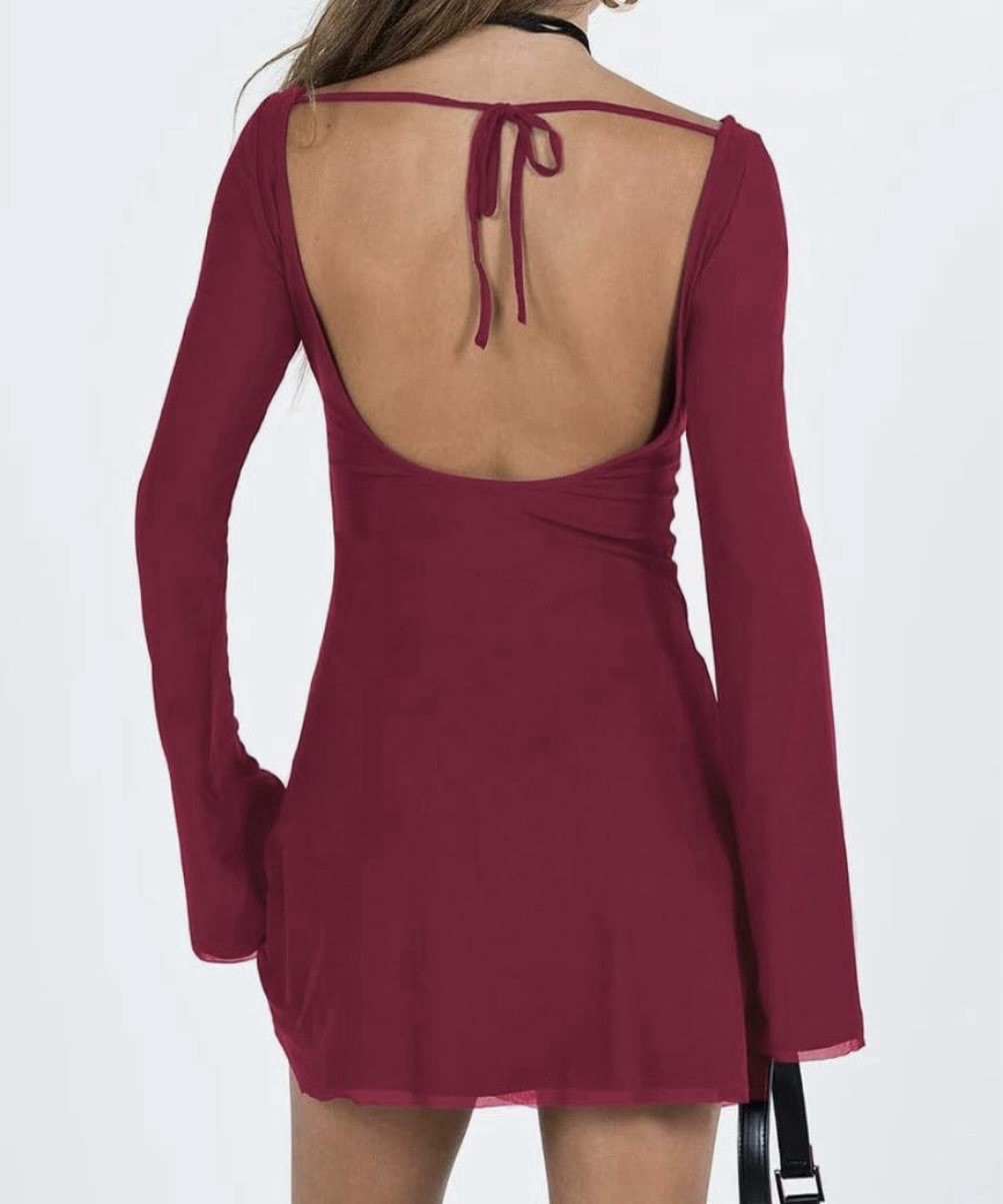 Backless Mesh Mini Dress Solid – Burgundy