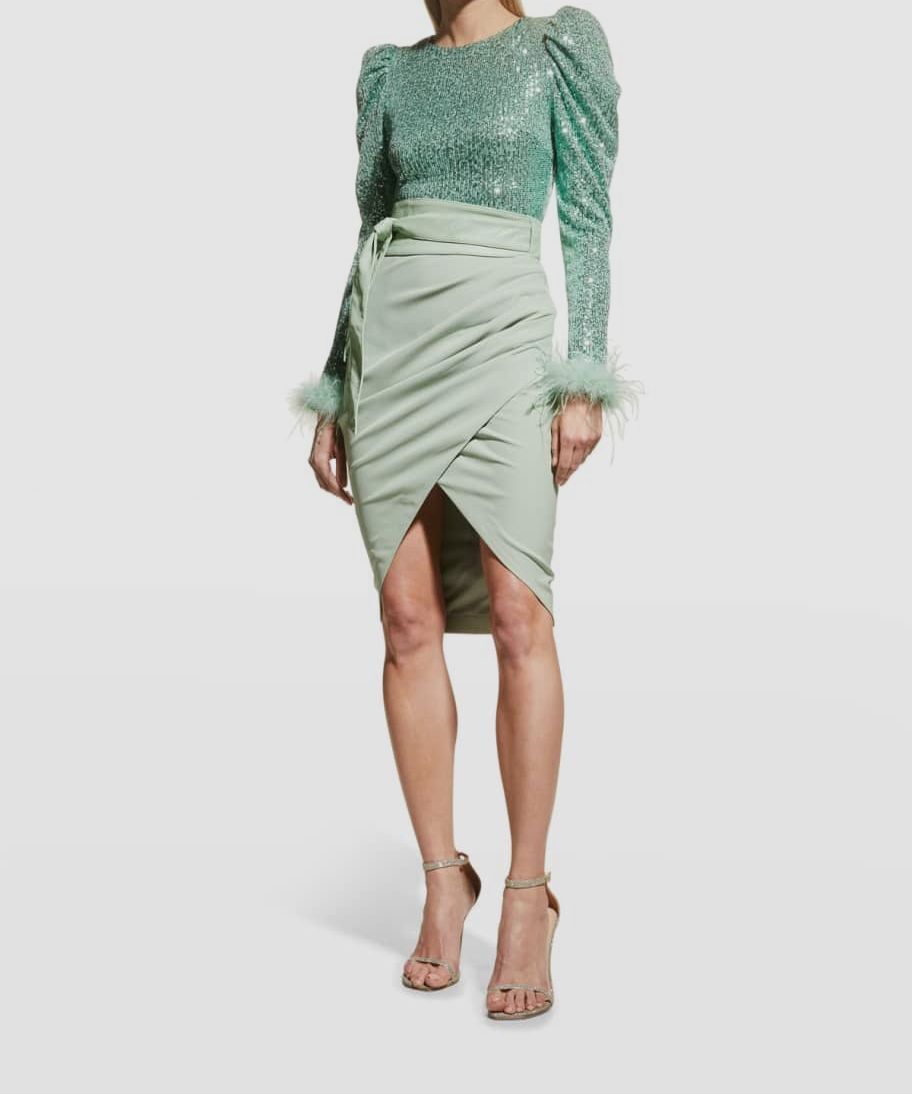 $468 Lavish Alice Women’s Green Sequin Feather Belted Body Con Dress Size US 4