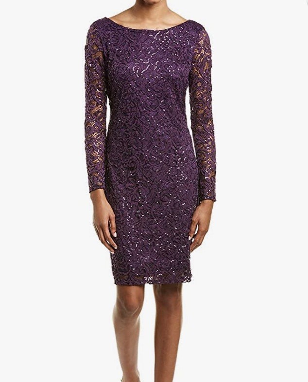 Marina Womens Purple Jewel Neck U Back Sequin Lace Long Sleeve Sheath Dress 6